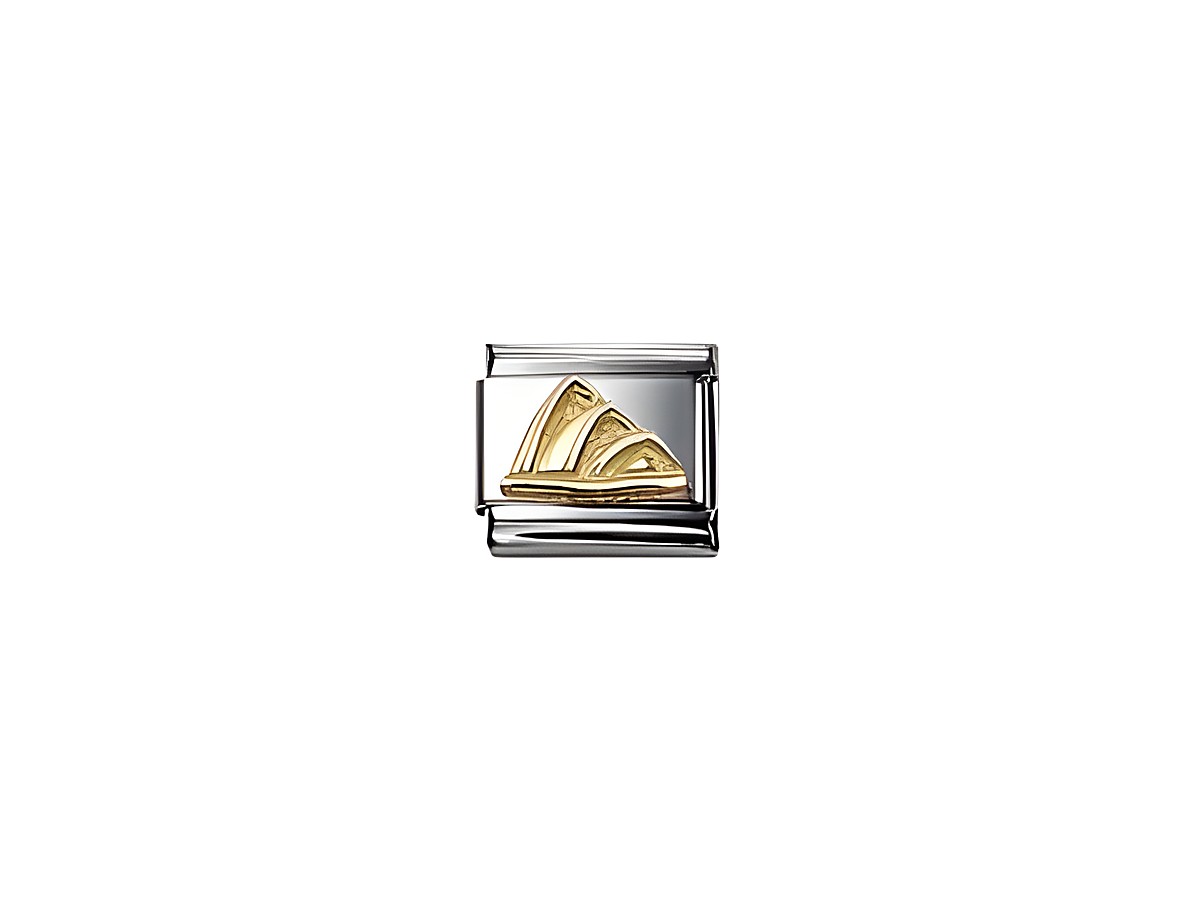 Ein stilisiertes Schmuckstück von Nomination zeigt das berühmte Opernhaus mit seinen markanten Dachformen in gold und silberner Ausführung, ideal als Erinnerungsstück an bedeutende Monumente.