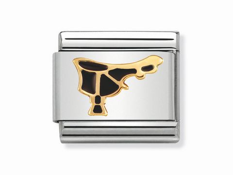 Sattel der Marke Nomination in der Farbe Schwarz mit goldfarbenem Symbol auf einer silbernen Oberfläche, emailliert, klassisches Design, geeignet für Armbänder.