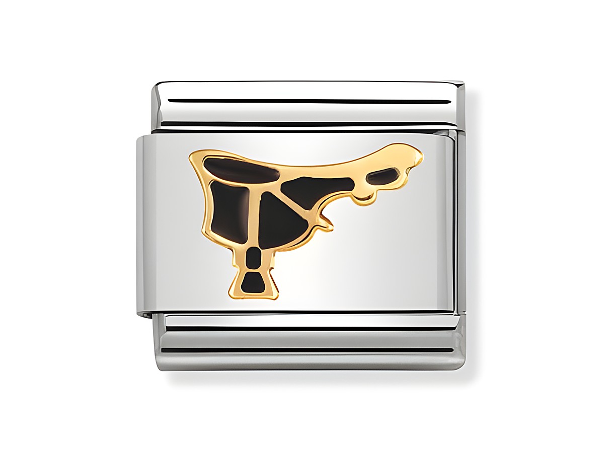 Sattel der Marke Nomination in der Farbe Schwarz mit goldfarbenem Symbol auf einer silbernen Oberfläche, emailliert, klassisches Design, geeignet für Armbänder.