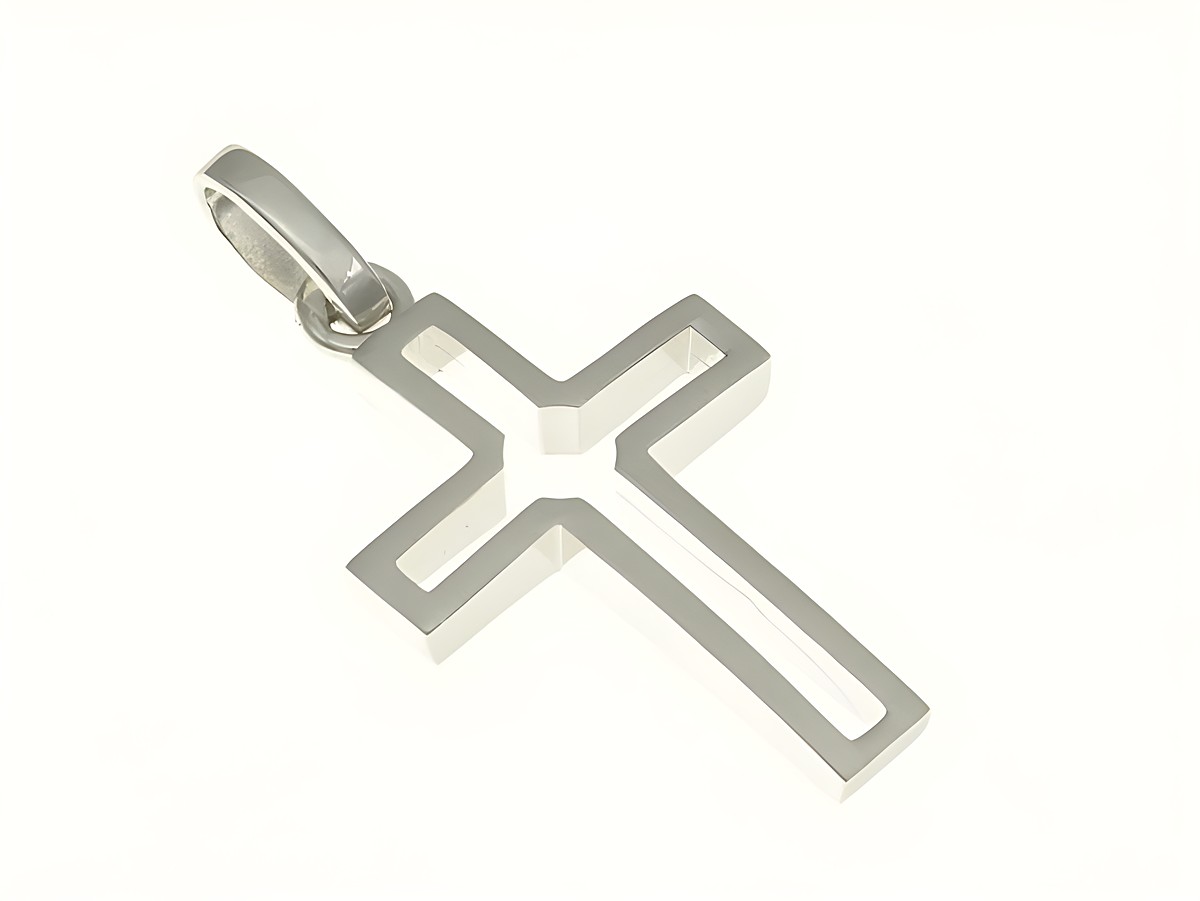 Kreuz Anhänger aus rhodiniertem Sterling Silber, schlichtes Design, Hersteller Juwelier Harnisch, ideal für lässige oder formelle Anlässe.