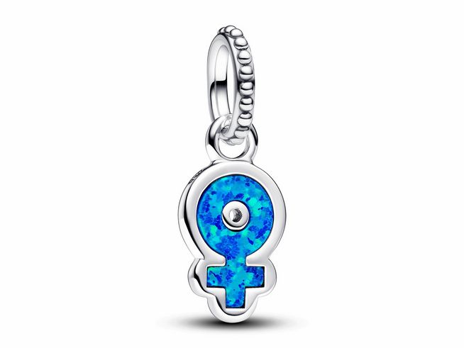 Charm-Anhänger aus Silber mit einem schillernden, blauen synthetischen Opal in Form des weiblichen Symbols, geeignet für die Kollektion Starke Frauen von Pandora.