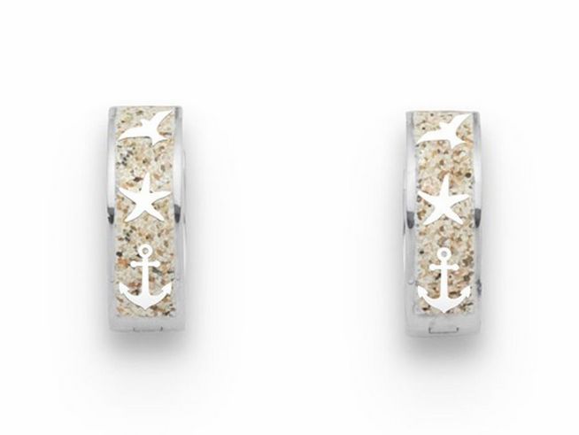 DUR Maritim O5423 Sterling Silber Ohrringe in rhodinierter Ausführung mit Strandsand, dekoriert mit Anker- und Seesternmotiven für einen maritimen Look.