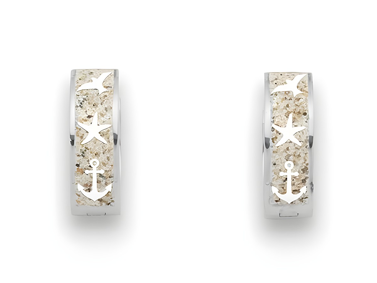 DUR Maritim O5423 Sterling Silber Ohrringe in rhodinierter Ausführung mit Strandsand, dekoriert mit Anker- und Seesternmotiven für einen maritimen Look.