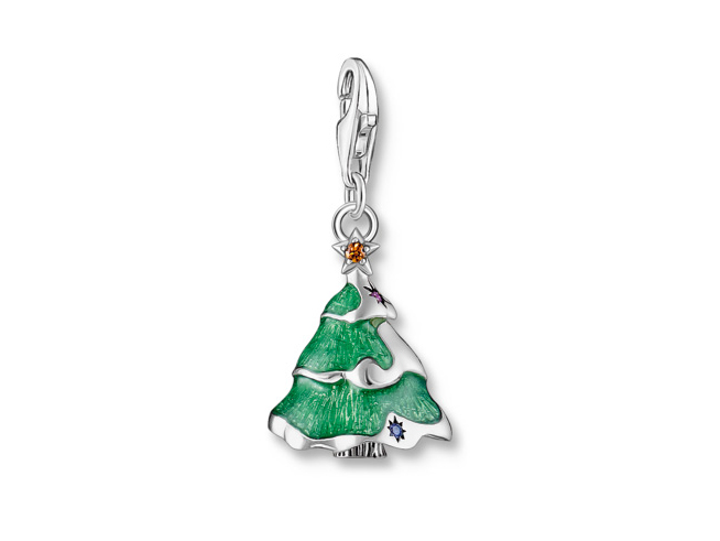 Thomas Sabo 2198-390-7 Tannenbaum Charm - Bunt - Silber gesch. + Emaille + synth. Korund + Zirkonia Bunter Tannenbaum Charm aus Silber mit Emaille, synthetischem Korund und Zirkonia, zeigt eine grüne Tanne mit verschiedenen bunten Verzierungen und einem Anhänger zur Befestigung.