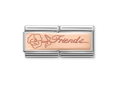 Classic Roségold 430710 16 Friends mit Blume von Nomination zeigt ein elegantes Design mit der Gravur Friends und einer stilisierten Blume auf einem Roségold-Hintergrund.
