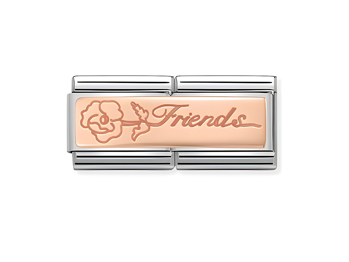 Classic Roségold 430710 16 Friends mit Blume von Nomination zeigt ein elegantes Design mit der Gravur Friends und einer stilisierten Blume auf einem Roségold-Hintergrund.
