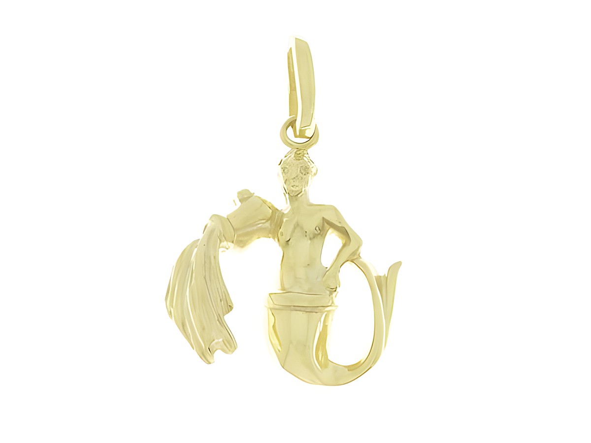 Wassermann Anhänger aus 925 Sterling Silber, vergoldet und poliert, zeigt eine stilisierte Figur des Sternzeichens Wassermann, hergestellt von Juwelier Harnisch.