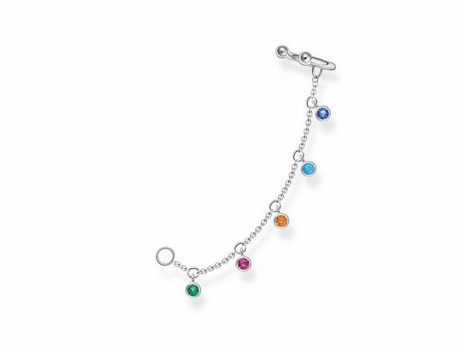 Ohrklemme von Thomas Sabo aus Sterlingsilber mit bunten Glas-Keramik Steinen und Zirkonia, fünf anhängenden Edelsteinen in verschiedenen Farben, attraktives Design für modebewusste Träger.