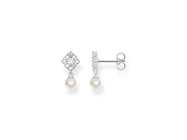 Ohrstecker von Thomas Sabo aus Silber mit Zirkonia und einer weißen Zuchtperle, elegantes Design mit funkelnden Elementen und schimmernder Perle.