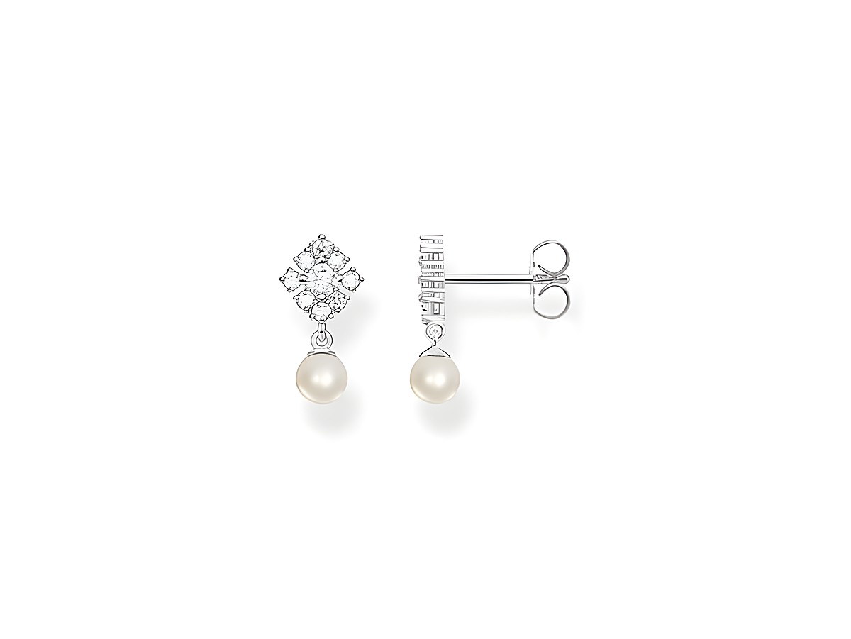 Ohrstecker von Thomas Sabo aus Silber mit Zirkonia und einer weißen Zuchtperle, elegantes Design mit funkelnden Elementen und schimmernder Perle.