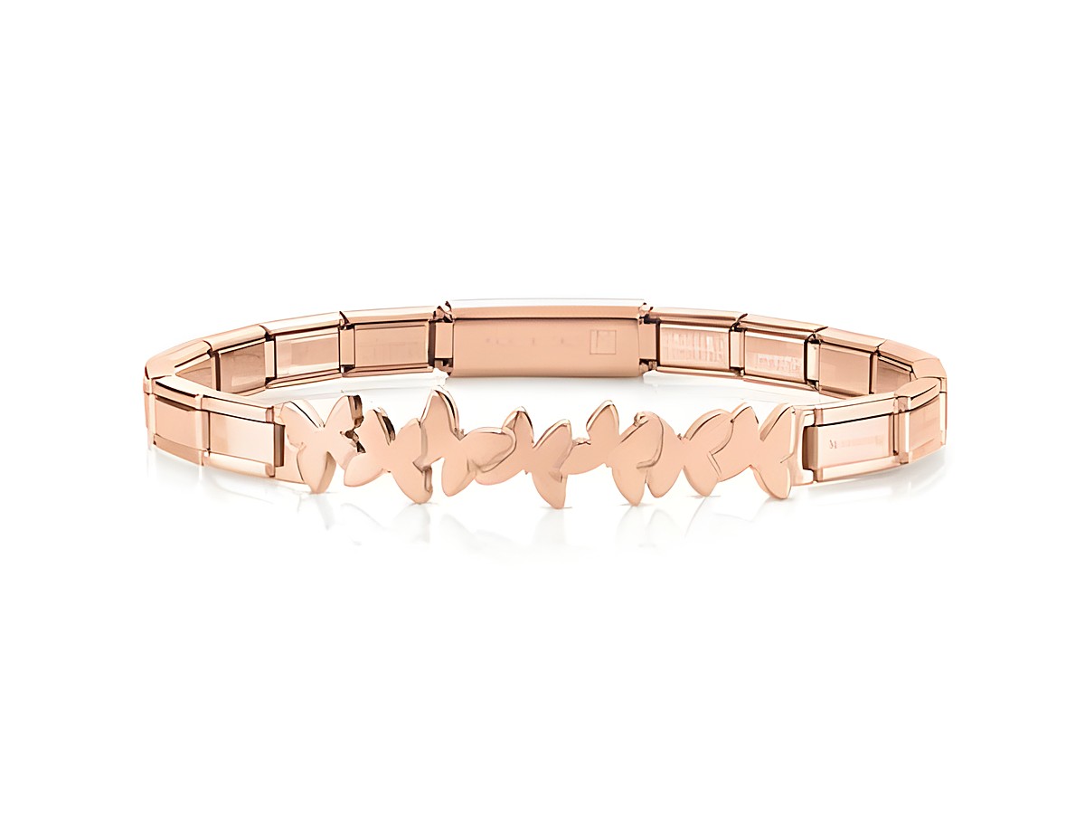 Trendsetter Armband von Nomination in Roségold mit Schmetterlingsmotiven, robustes Design, Länge 18 cm, glänzende Oberfläche, ideal für modische Akzente.