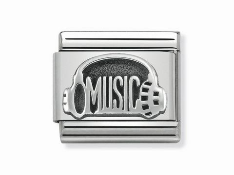 Kopfhörer mit Aufschrift MUSIC aus oxidiertem Silber, hergestellt von Nomination. Das Design zeigt eine stylisierte Kopfhörerform in glänzendem Silber.