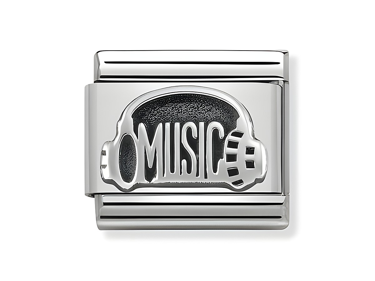 Kopfhörer mit Aufschrift MUSIC aus oxidiertem Silber, hergestellt von Nomination. Das Design zeigt eine stylisierte Kopfhörerform in glänzendem Silber.