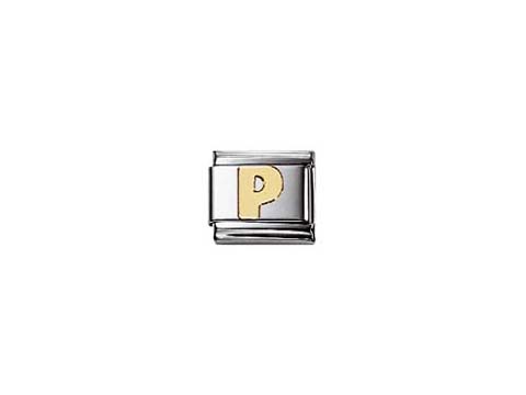 Ein elegantes Charm aus dem NOMINATION Classic Sortiment in Silber mit einem goldenen Buchstaben P, verziert mit goldglitzerndem Detail, ideal für individuelle Schmuckkreationen.