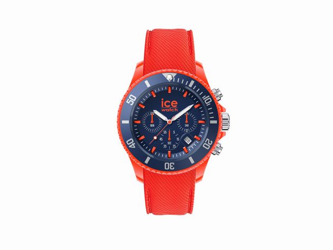 Armbanduhr von Ice Watch in orange und blau mit einem sportlichen Design, großen Ziffern, Chronographen-Funktion und einem textilem Armband. Modell Ice Chrono 019841 large.