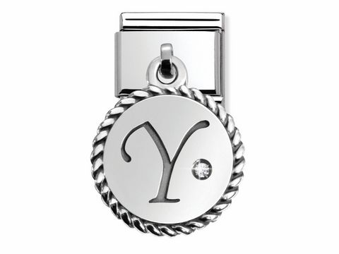 Silberner Buchstabe Y von Nomination, umrandet von einer geflochtenen Kante und verziert mit einem kleinen Stein, ideal als Charms Letter für Armbänder.