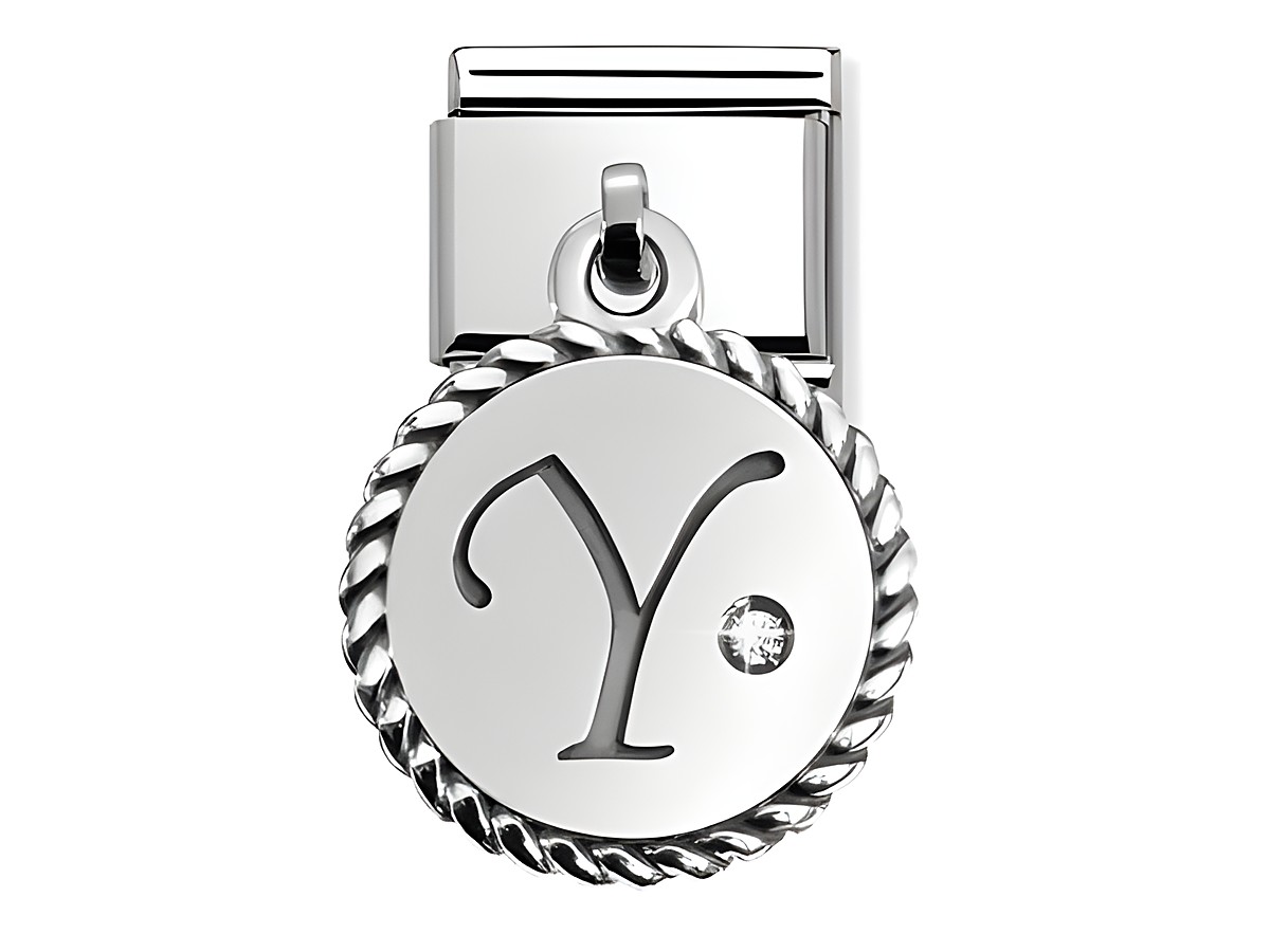 Silberner Buchstabe Y von Nomination, umrandet von einer geflochtenen Kante und verziert mit einem kleinen Stein, ideal als Charms Letter für Armbänder.