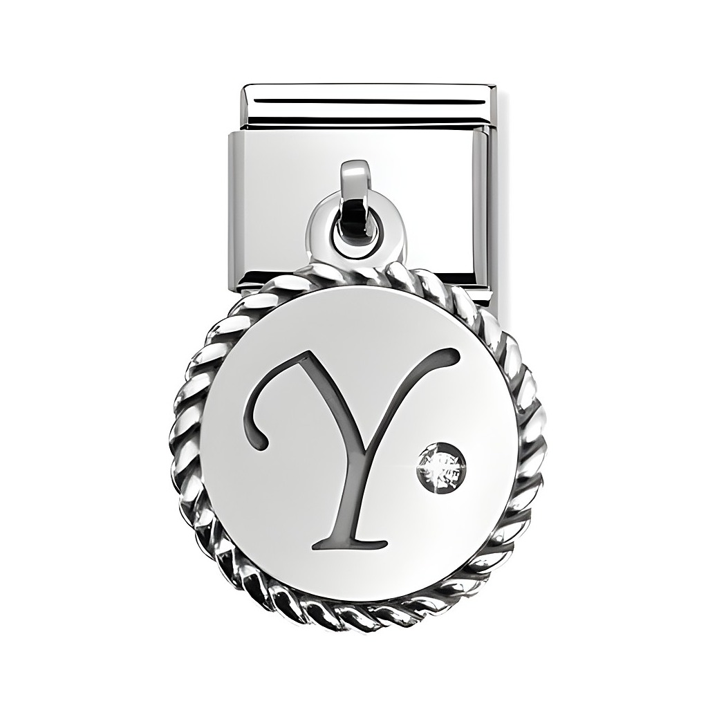 Silberner Buchstabe Y von Nomination, umrandet von einer geflochtenen Kante und verziert mit einem kleinen Stein, ideal als Charms Letter für Armbänder.