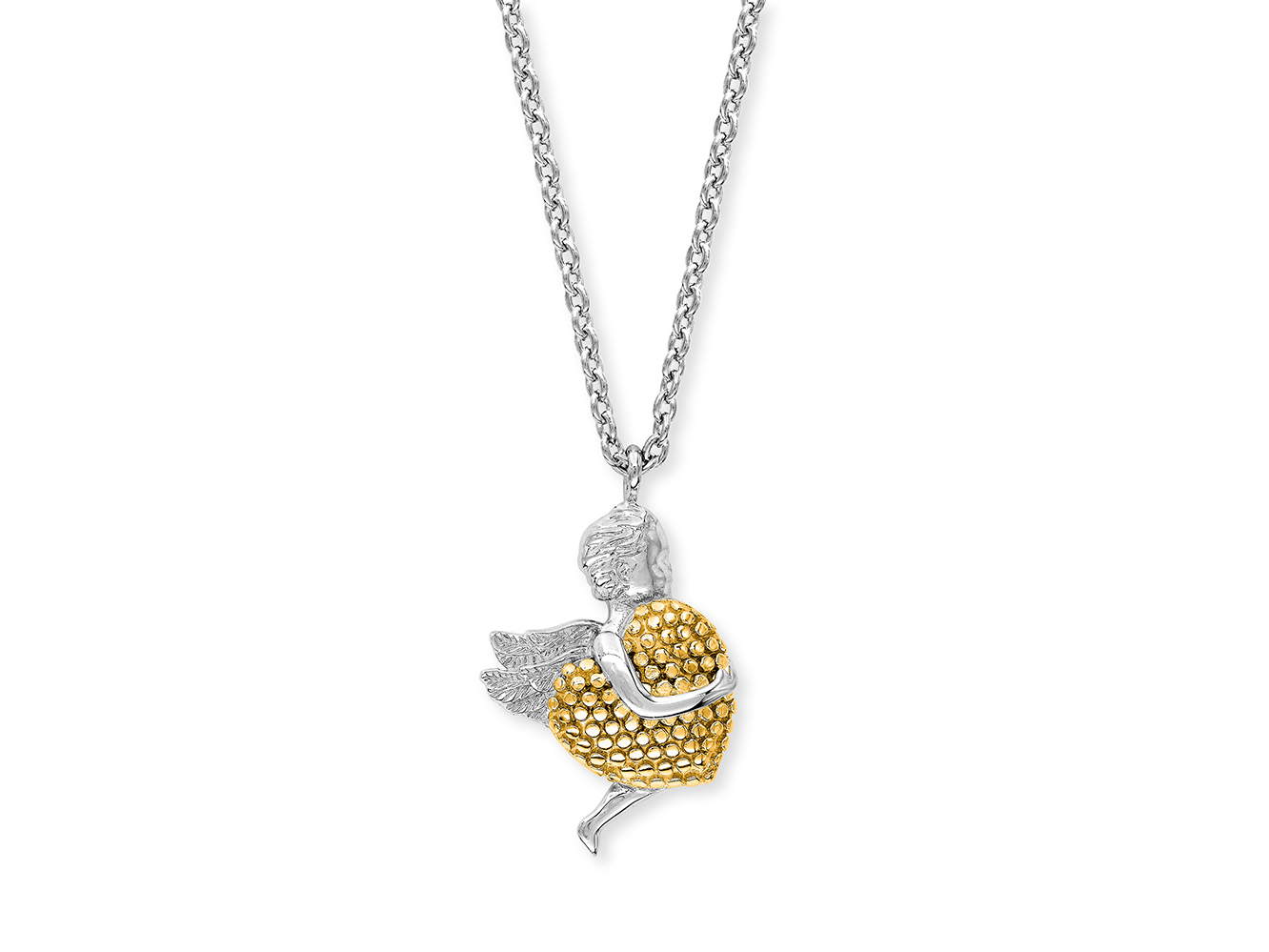 Kette mit einem Anhänger in Form eines Engels, der ein goldenes Herz hält. Das Herz ist aus gelbgoldvergoldetem Material, der Engel aus Silber. Die Kette ist 42 cm lang.