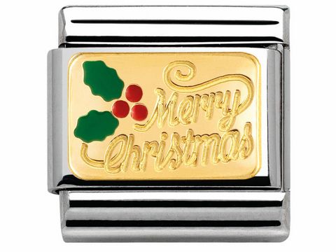 Bicolor Weihnachtsanhänger von Nomination mit der Aufschrift Merry Christmas und einem holly Blattdesign. Ideal für festliche Anlässe und als Geschenk zur Weihnachtszeit.