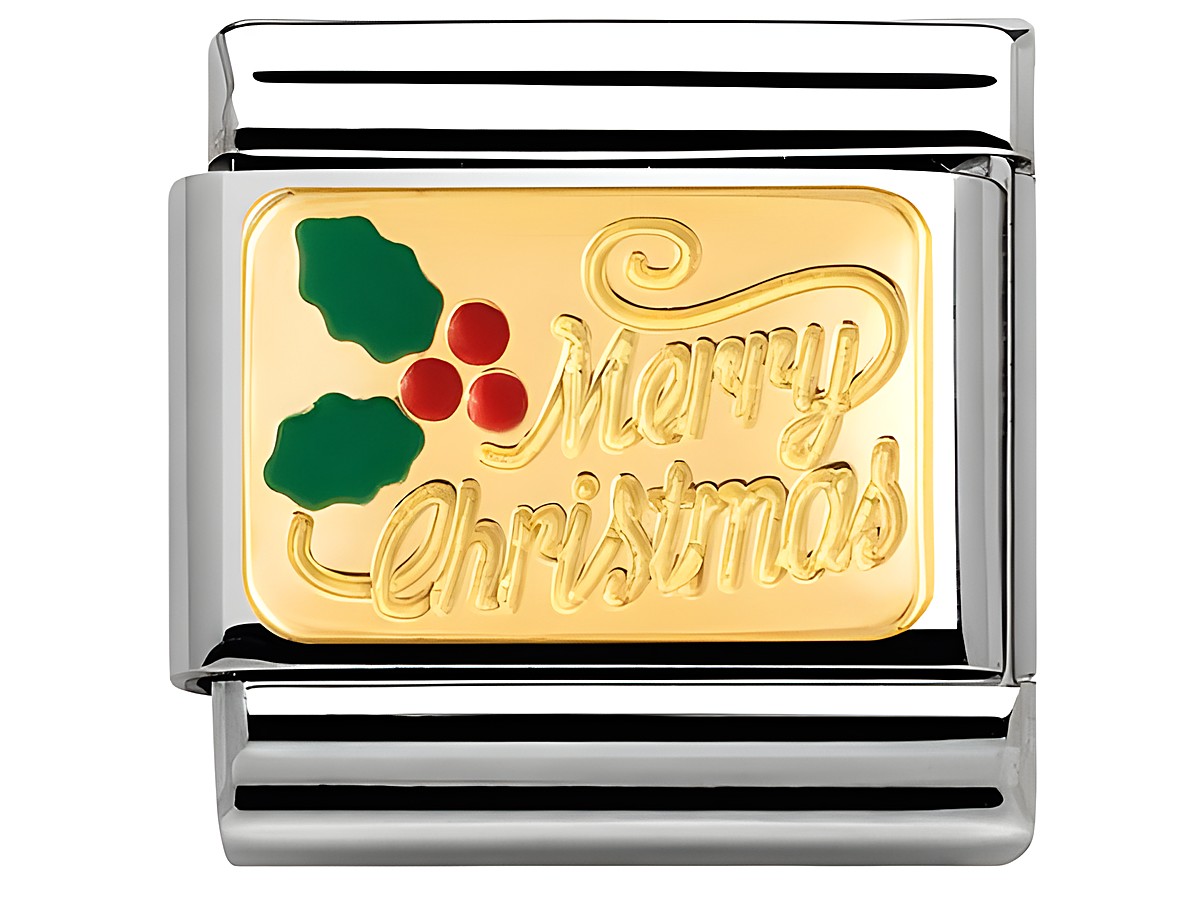 Bicolor Weihnachtsanhänger von Nomination mit der Aufschrift Merry Christmas und einem holly Blattdesign. Ideal für festliche Anlässe und als Geschenk zur Weihnachtszeit.