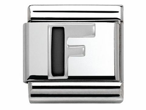 Buchstabe F aus Emaille in der Farbe Classic SilverShine, Hersteller Nomination, für individuelle Armbänder, glänzende Oberfläche und modernes Design.