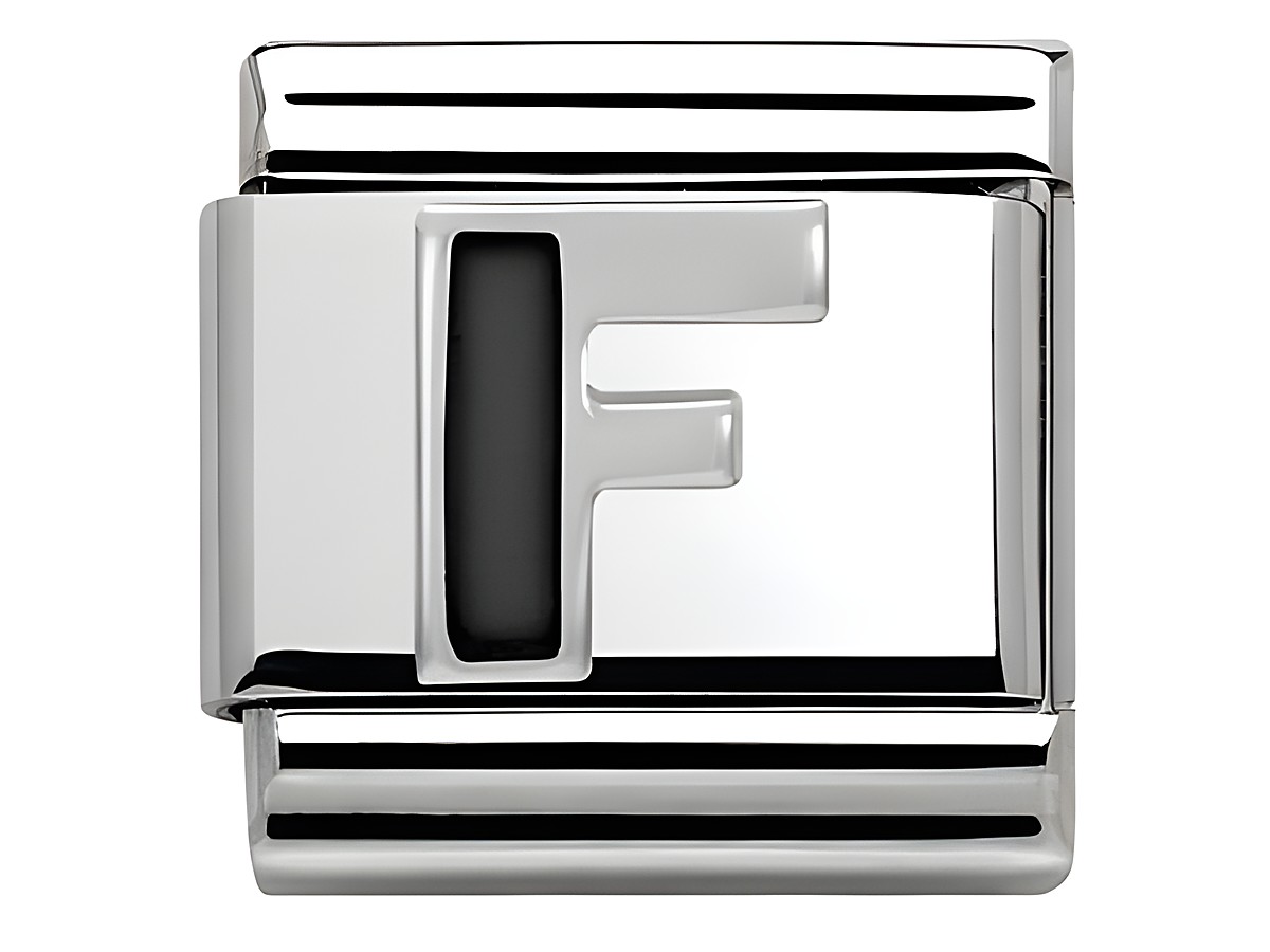 Buchstabe F aus Emaille in der Farbe Classic SilverShine, Hersteller Nomination, für individuelle Armbänder, glänzende Oberfläche und modernes Design.