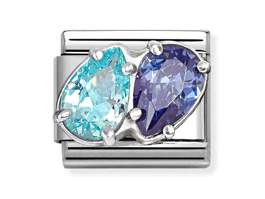 Classic Sterling Silber Charm mit zwei Tropfen in hellblau und blau, besetzt mit Zirkonia, elegant und funkelnd, ideal für stilvolle Schmuckkollektionen von Pandora.