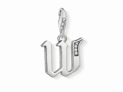Charm-Anhänger Buchstabe W aus Silber von Thomas Sabo, Modellnummer 1603-643-21, verziert mit kleinen Zirkonia-Steinen, modern und stilvoll, perfekt für persönliche Schmuckstücke.