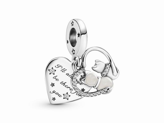 Silberner Pandora Charm mit Herzmotiv, Zirkonia und Emaille, kombiniert mit einer süßen Katze, trägt die Gravur „I'll always be there for you“, multicolor. Ideal für Armbänder.