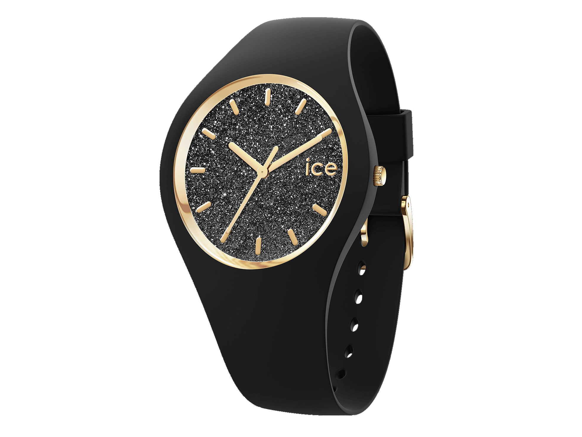 Die Ice Watch 024520 ICE glitter in Schwarz präsentiert sich mit einem funkelnden Ziffernblatt und goldenen Ziffern auf einem schwarzen Armband, perfekt für modebewusste Träger.