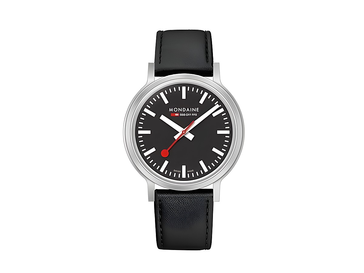 Mondaine Uhr MST.41020.LBV.2SE Stop2Go aus Edelstahl mit schwarzem Ziffernblatt und rotem Sekundenzeiger, schwarze Lederarmband, Größe 41 mm, elegant und modern.