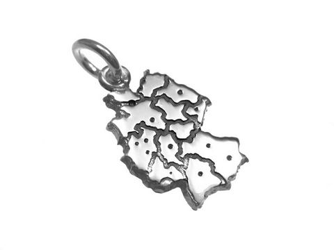 Kleiner Anhänger in Form der Deutschlandkarte aus 925 Sterling Silber, filigran gestaltet mit Umrissen der Bundesländer, Hersteller Juwelier Harnisch, symbolisches Design.