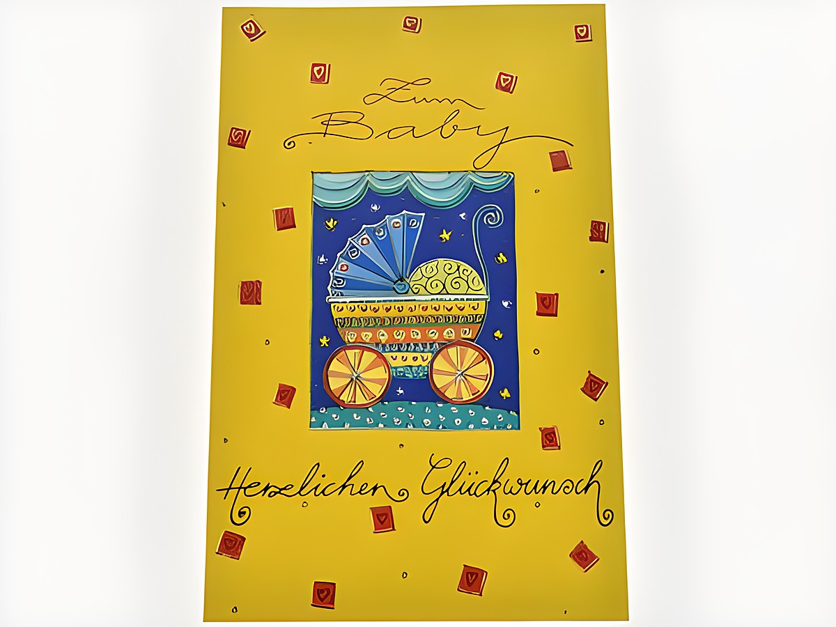 Eine bunte Glückwunschkarte zum Baby mit einem stilisierten Kinderwagen in der Mitte, umrandet von dekorativen Elementen und der Aufschrift "Zum Baby" und "Herzlichen Glückwunsch".
