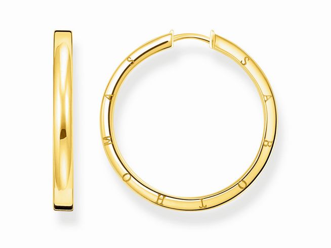 Thomas Sabo Creolen CR686-413-39 aus vergoldetem Sterling Silber in Gelbgold mit eingraviertem Schriftzug, zeitlos und elegant im Design. Ideal für jeden Anlass.