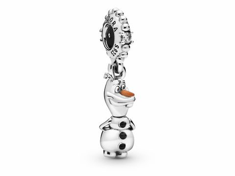 Anhänger von Pandora mit dem Motiv Olaf, dem Schneemann aus Disney Eiskönigin, aus Silber, lächelnd, mit Karottennase und drei Kohlenknöpfen, ideal für Anhänger oder Schmuckkollektionen.
