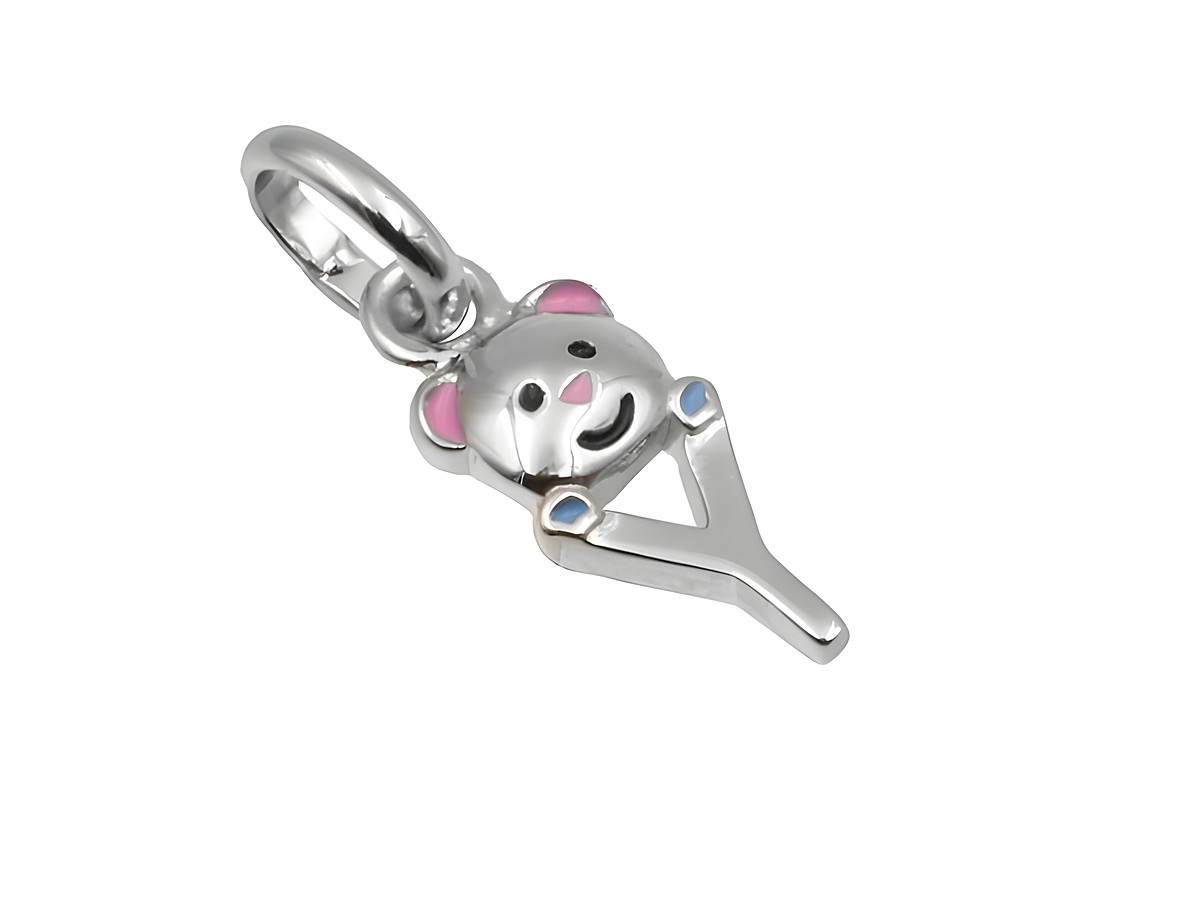 Teddy Anhänger Buchstabe Y aus 925 Sterling Silber, poliert und rhodiniert, mit farbigen Akzenten, idealer Schmuck für Kinder, Hersteller Juwelier Harnisch.