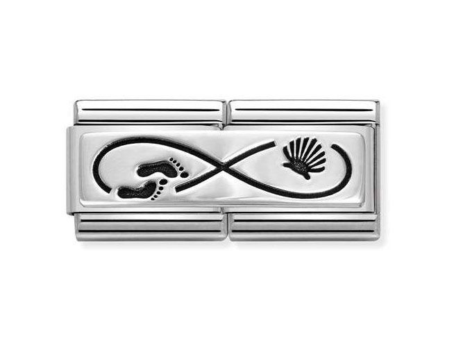 Silberner Schmuckanhänger mit unendlichem Zeichen, Fußabdrücken und Muschel, aus Edelstahl und sterling Silber, geeignet für den Jakobsweg, Hersteller Nomination.