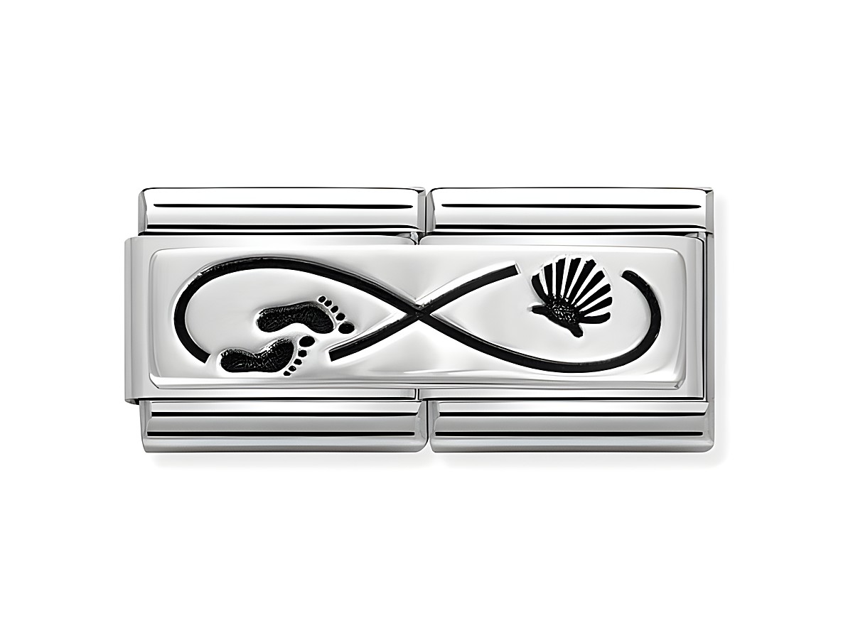 Silberner Schmuckanhänger mit unendlichem Zeichen, Fußabdrücken und Muschel, aus Edelstahl und sterling Silber, geeignet für den Jakobsweg, Hersteller Nomination.