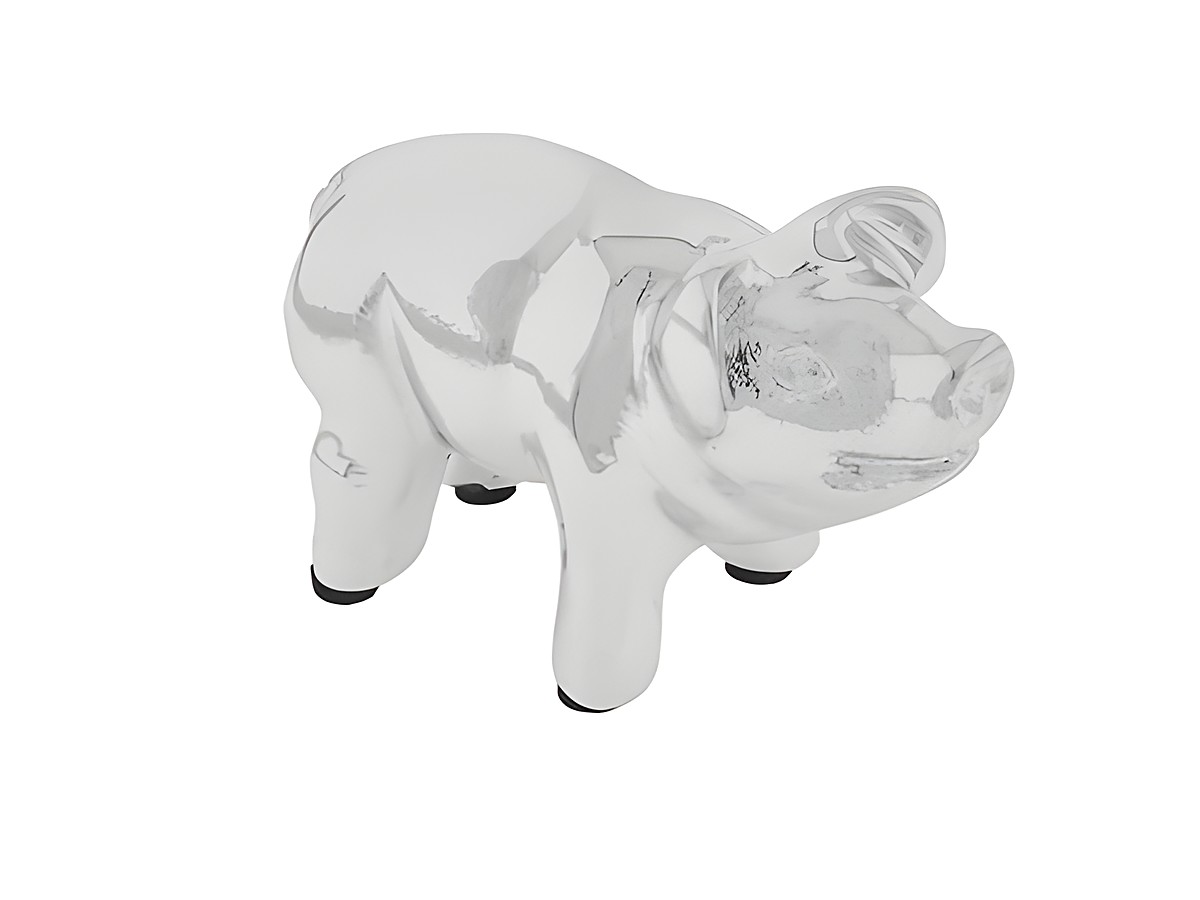 Versilberte Standfigur eines Schweinchen mit den Maßen 5,7 x 3,4 cm, hergestellt von Juwelier Harnisch, ideal als dekoratives Element für Sammler oder als Geschenk.