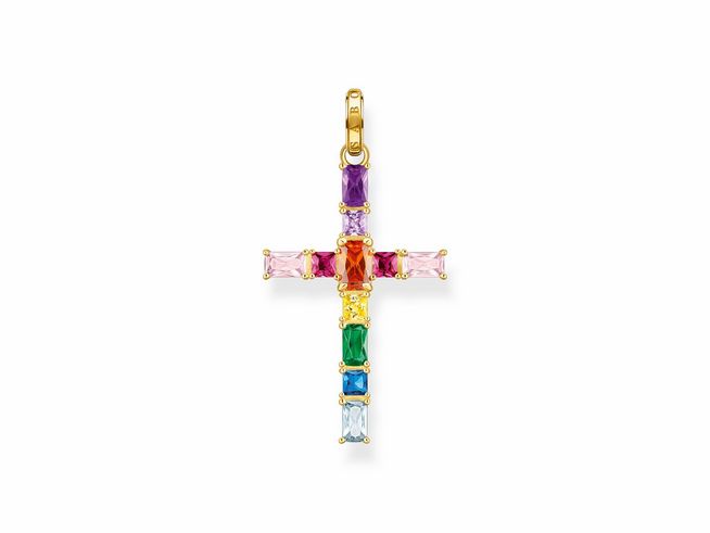 Ein bunter Kreuz-Anhänger aus vergoldetem Sterling Silber mit Zirkonia Steinen in Regenbogenfarben, ideal für modische Akzente.