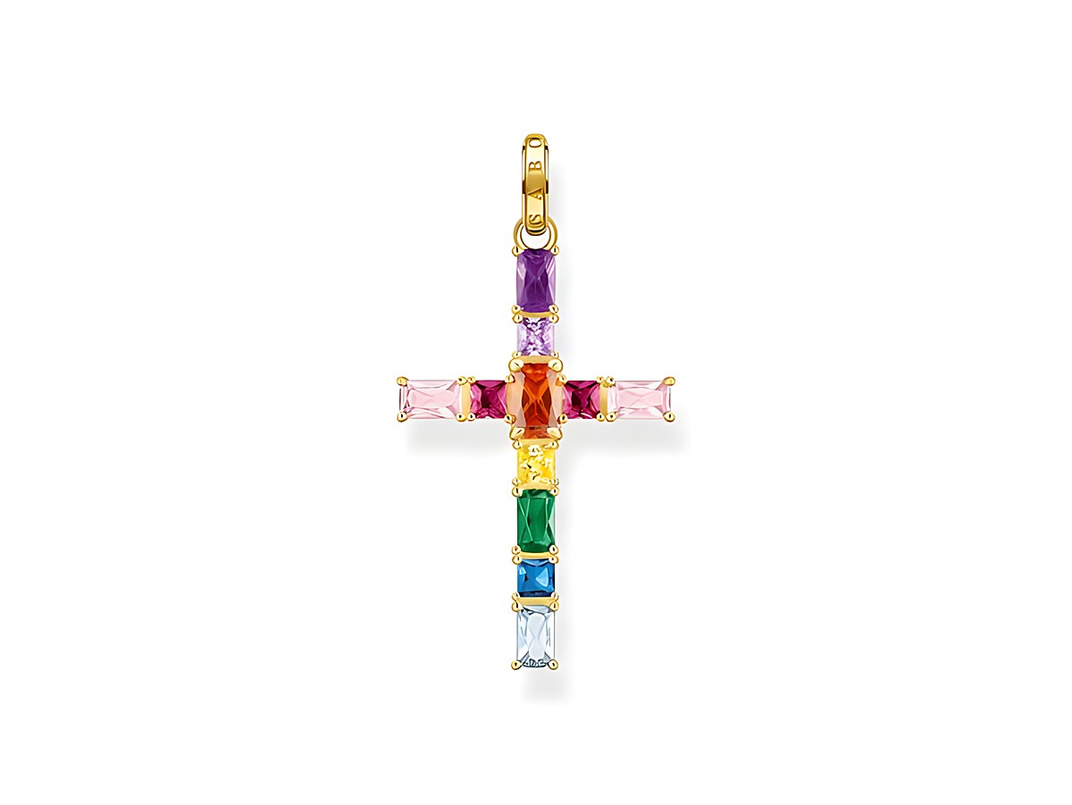 Ein bunter Kreuz-Anhänger aus vergoldetem Sterling Silber mit Zirkonia Steinen in Regenbogenfarben, ideal für modische Akzente.