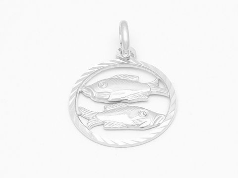 Fisch Sternzeichen in Weißgold 333, diamantiert, Hersteller Juwelier Harnisch, bildet zwei stilisierte Fische in einem kreisförmigen Anhänger ab.