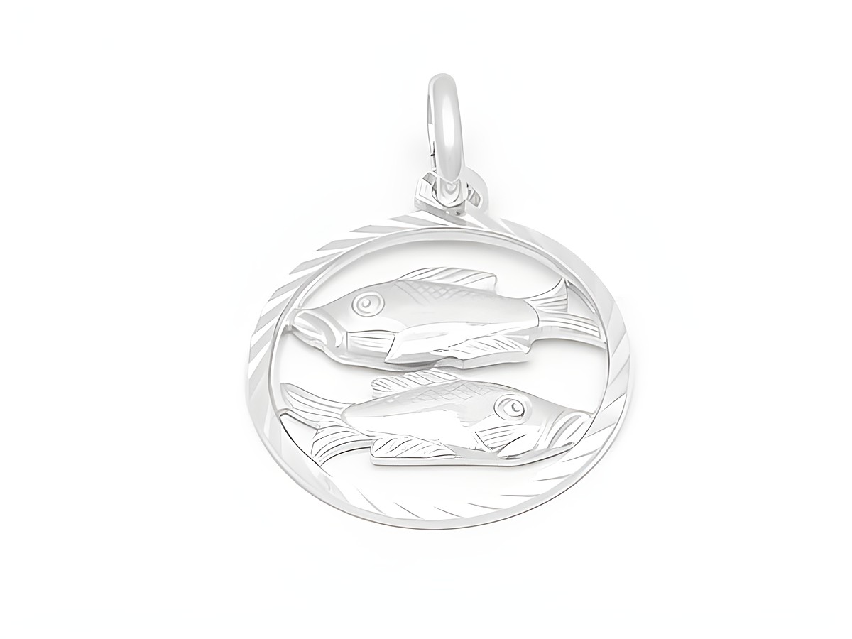Fisch Sternzeichen in Weißgold 333, diamantiert, Hersteller Juwelier Harnisch, bildet zwei stilisierte Fische in einem kreisförmigen Anhänger ab.
