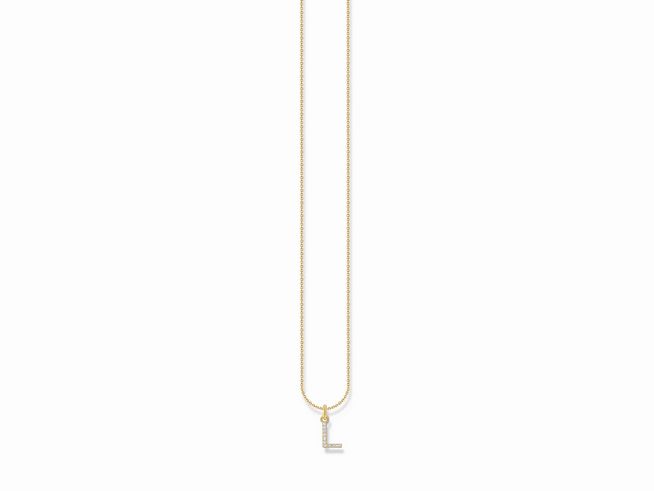 Kette von Thomas Sabo aus Silber mit vergoldeter Oberfläche, ausgestattet mit einem L-Anhänger, verziert mit weißen Zirkonia, Länge von 38 bis 45 cm.