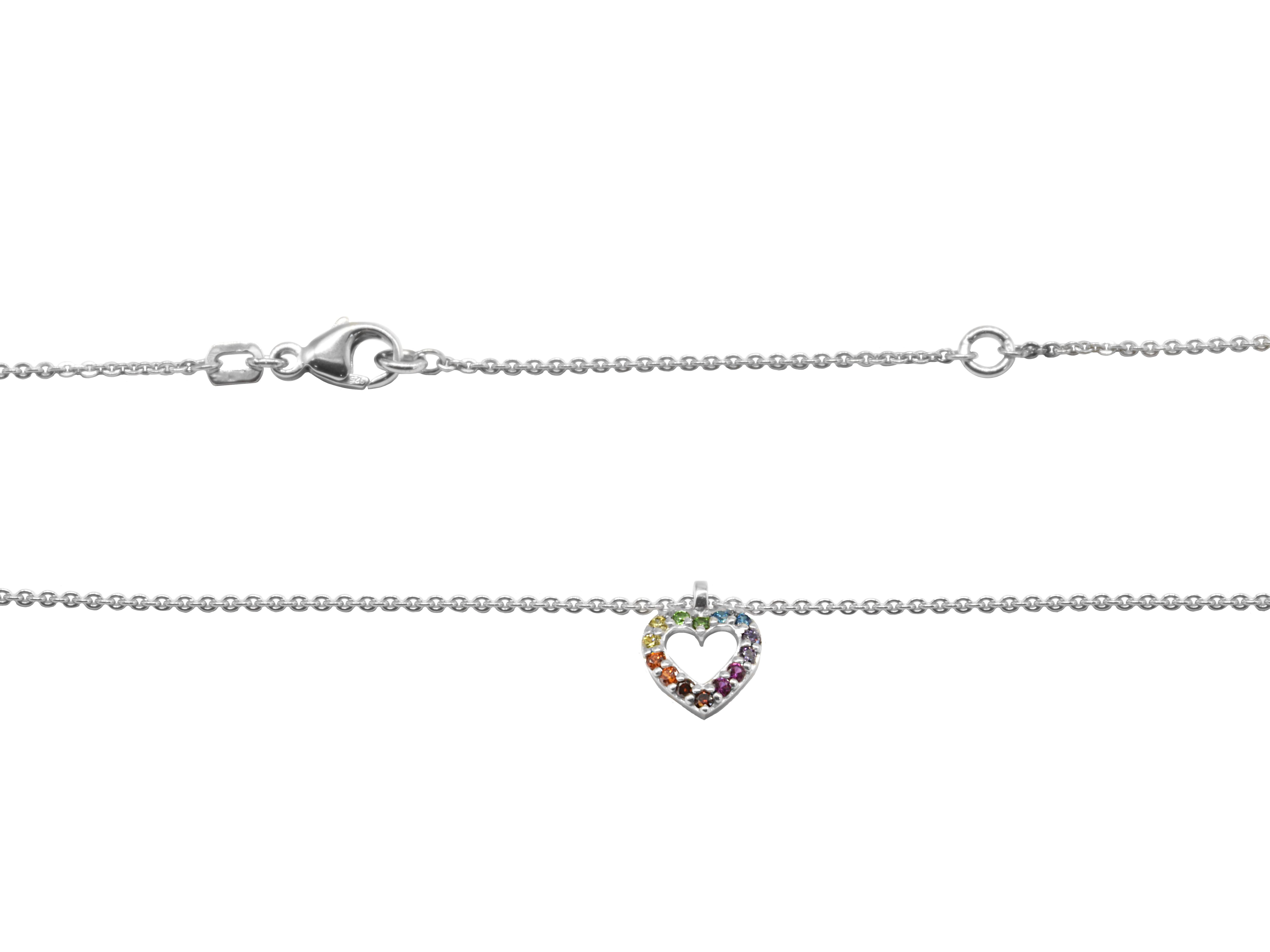 Kette aus rhodiniertem Sterling Silber 925 mit einem bunten Herz-Mittelteil aus Zirkonia, Länge 38+42 cm, geeignet für Kinder, Hersteller Juwelier Harnisch.