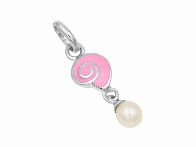 Sterling Silber Anhänger in Muschelform mit rhodiniertem glänzenden Finish, verziert mit einer weißen Süßwasserperle und rosa Lackakzent. Ideal für einen eleganten Look.