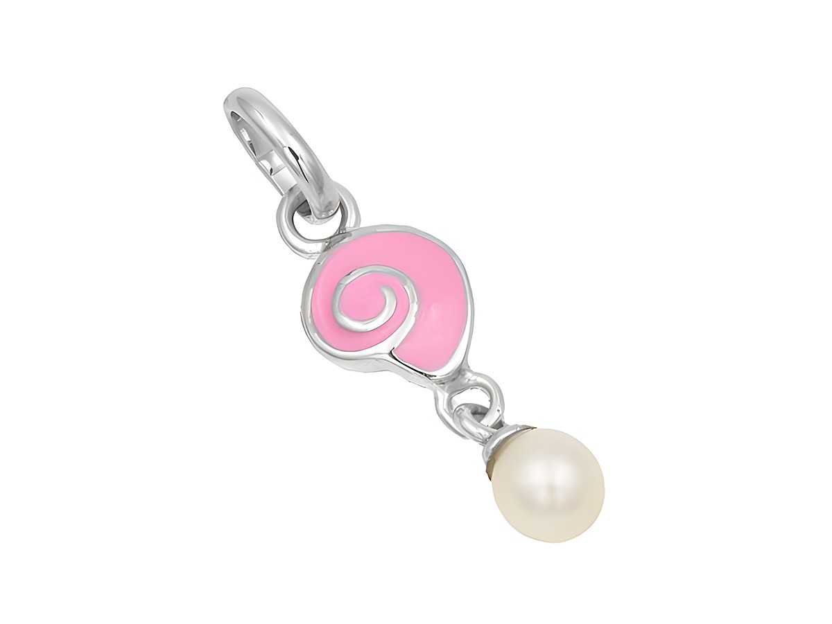 Sterling Silber Anhänger in Muschelform mit rhodiniertem glänzenden Finish, verziert mit einer weißen Süßwasserperle und rosa Lackakzent. Ideal für einen eleganten Look.