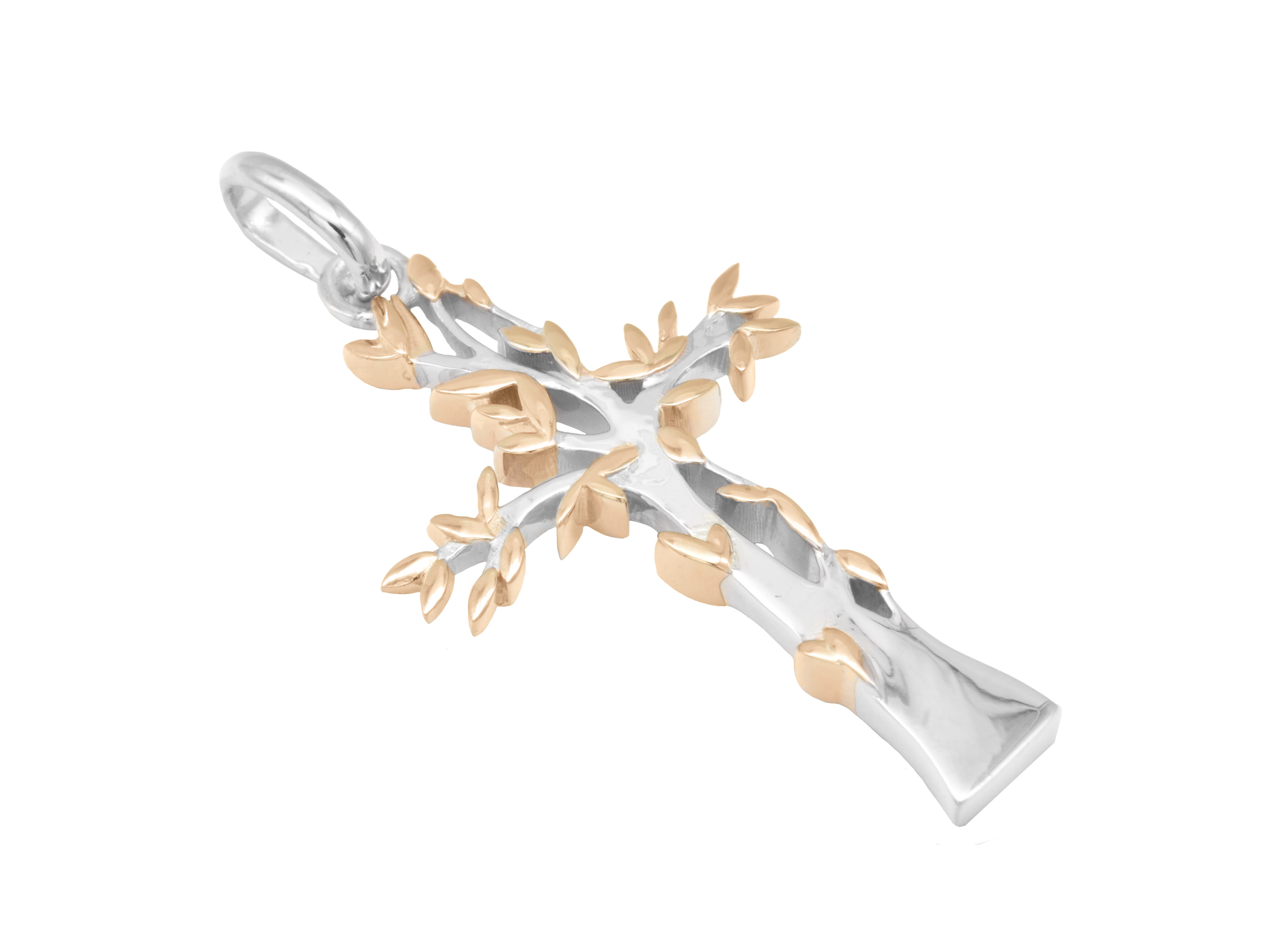 Kreuz Anhänger mit Lebendsbaum-Muster, aus Sterling Silber in Roségold Bicolor, rhodiniert und poliert, Hersteller Juwelier Harnisch.