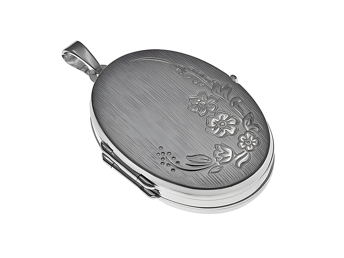 Sterling Silber Anhänger im Medaillon-Design mit floralen Mustern, Hersteller Juwelier Harnisch, elegante Ausführung für die Aufbewahrung von Erinnerungen in vier Bildern.